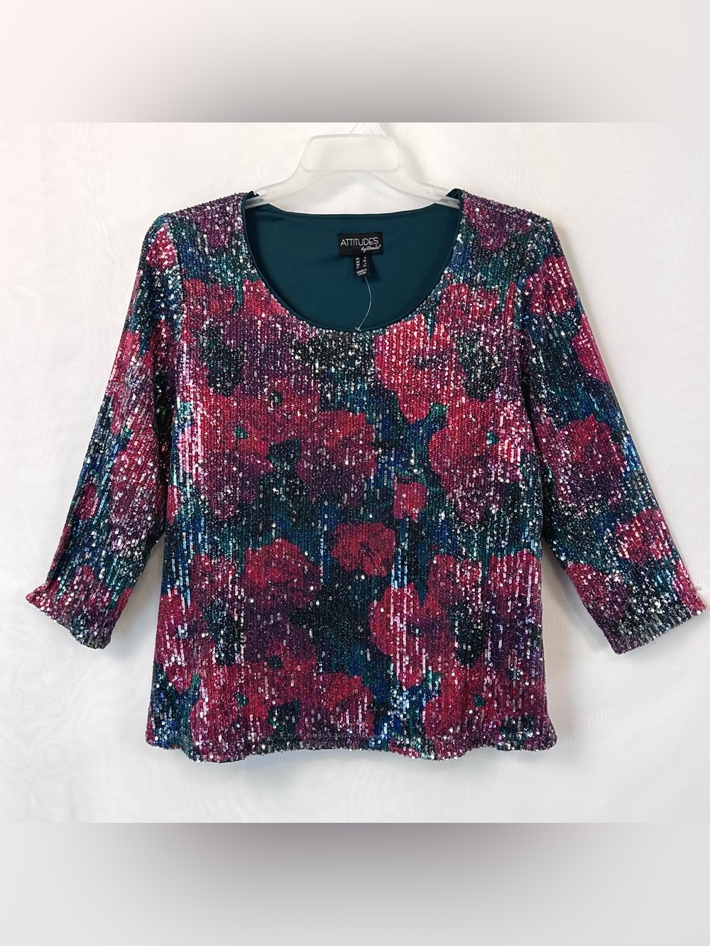 New Attitudes By Renee Printed Sequin 3/4 Sleeve Top / Large